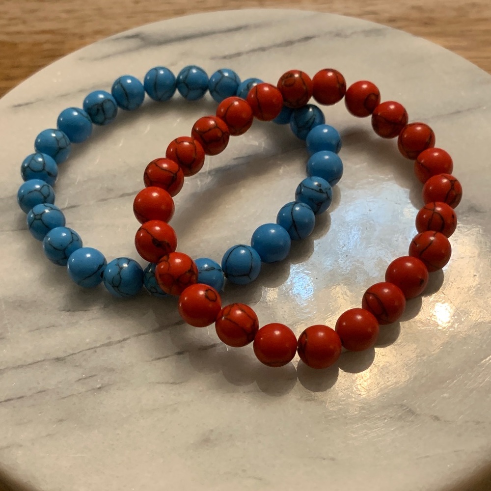 2 Natural Stone Beaded Bracelets Blue Turquoise and Korean Pine